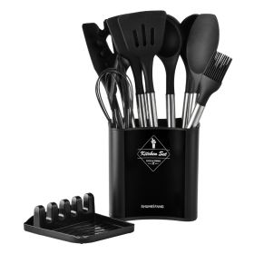 Stainless tube handle silicone insulated tail cover silicone kitchen set 12 pieces silicone spatula spoon 2021 new (size: Large flat barrel - black)