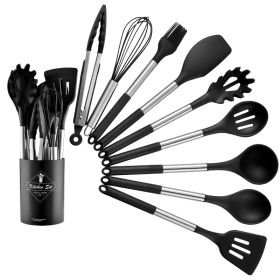 Stainless tube handle silicone insulated tail cover silicone kitchen set 12 pieces silicone spatula spoon 2021 new (size: Small bucket 9-piece set B-black)