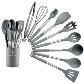 Stainless tube handle silicone insulated tail cover silicone kitchen set 12 pieces silicone spatula spoon 2021 new (size: Small barrel 9-piece set B-gray)