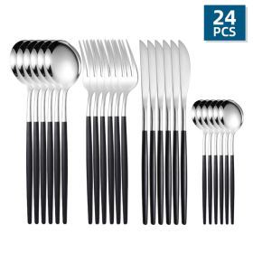 ut24pcs/Set Stainless Steel Cutlery; Portuguese Cutlery Spoon; Western Cutlery Set (Color: Silver + Black)