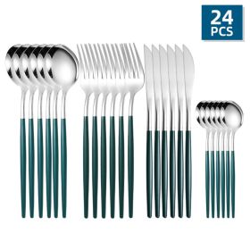 ut24pcs/Set Stainless Steel Cutlery; Portuguese Cutlery Spoon; Western Cutlery Set (Color: Silver + Green)