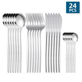 ut24pcs/Set Stainless Steel Cutlery; Portuguese Cutlery Spoon; Western Cutlery Set (Color: Silvery)