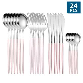 ut24pcs/Set Stainless Steel Cutlery; Portuguese Cutlery Spoon; Western Cutlery Set (Color: Silver + Powder)