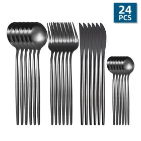 ut24pcs/Set Stainless Steel Cutlery; Portuguese Cutlery Spoon; Western Cutlery Set (Color: Black)