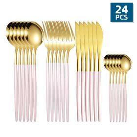 ut24pcs/Set Stainless Steel Cutlery; Portuguese Cutlery Spoon; Western Cutlery Set (Color: Gold + Pink)