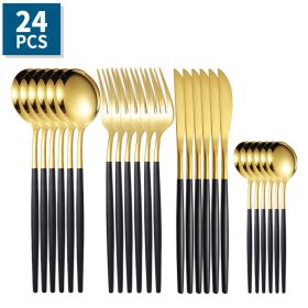 ut24pcs/Set Stainless Steel Cutlery; Portuguese Cutlery Spoon; Western Cutlery Set (Color: Gold + Black)