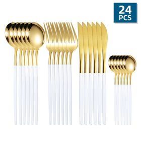 ut24pcs/Set Stainless Steel Cutlery; Portuguese Cutlery Spoon; Western Cutlery Set (Color: Gold + White)